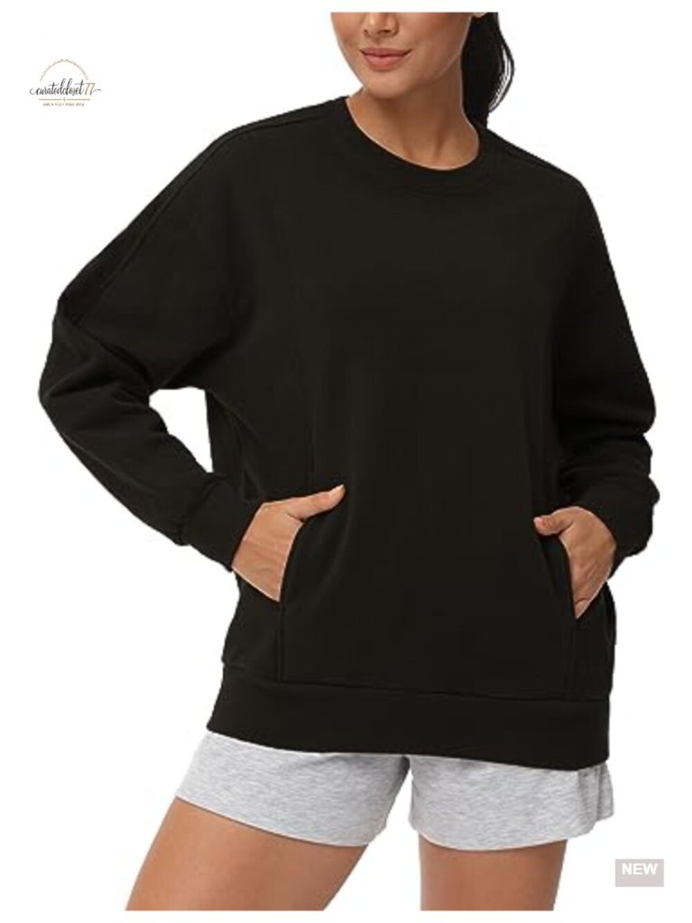 Womens Crewneck Boxy Sweatshirt Pullover with Pockets Long Sleeve